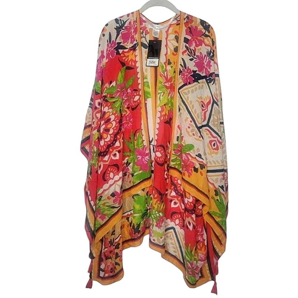 NWT Nine West Ruana Kimono Topper Tassel Trim Open Front Beach Swimsuit Cover OS - Picture 2 of 12